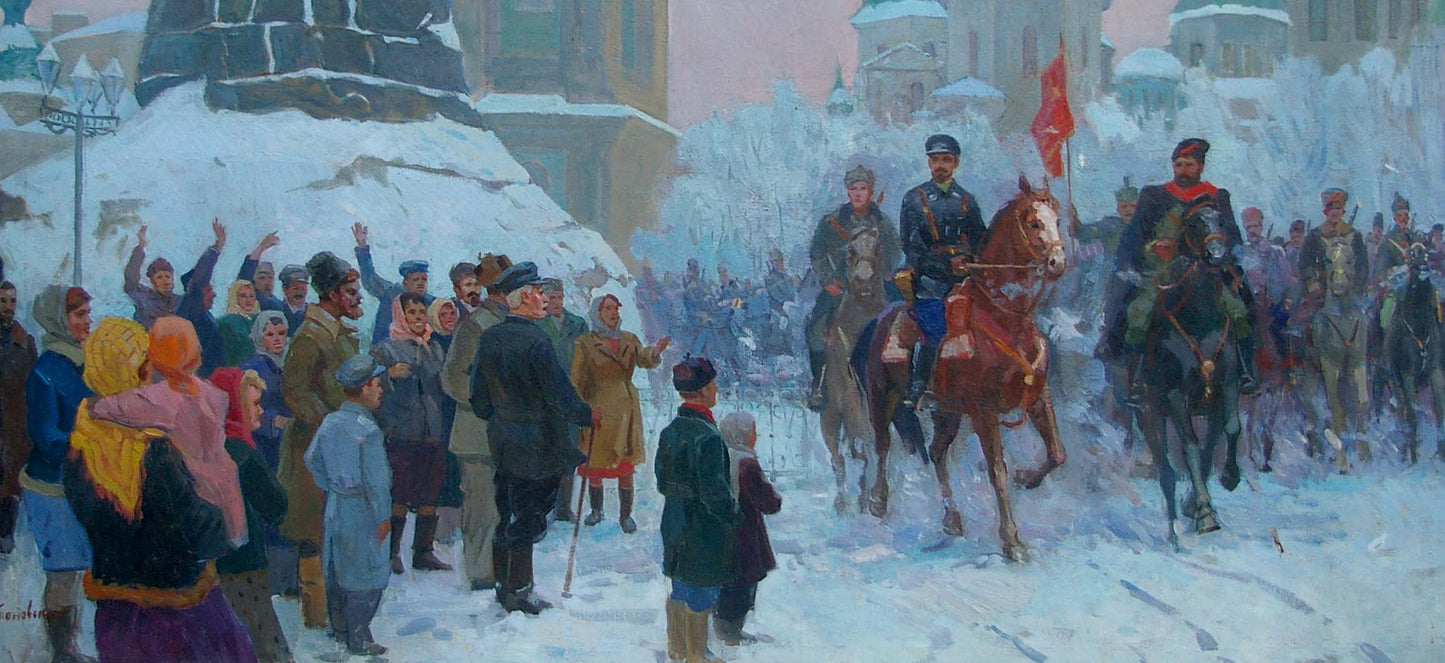 Impressionistic oil painting by Yablonovskiy Petr Antonovich of snowy Red Square with soldiers on horseback and civilians