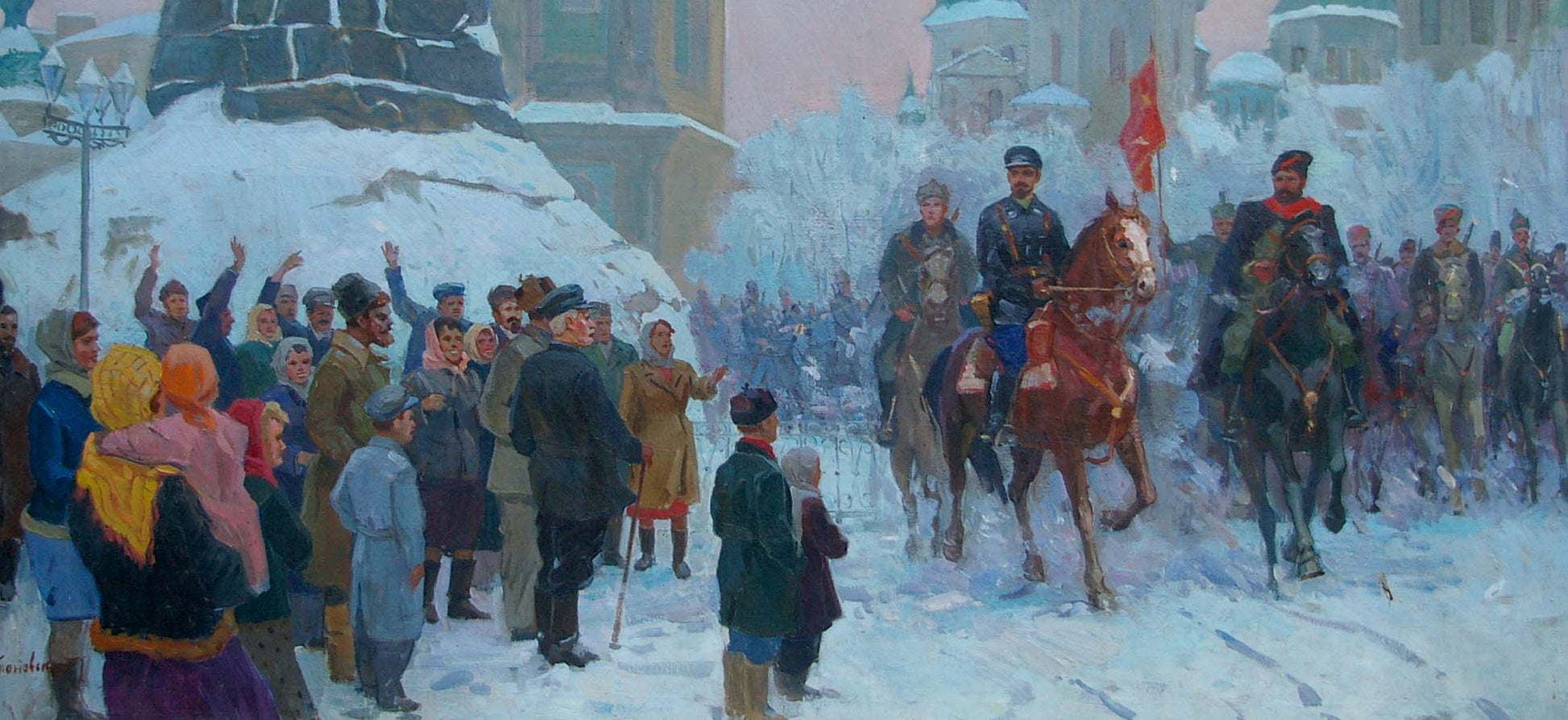 Impressionistic oil painting by Yablonovskiy Petr Antonovich of snowy Red Square with soldiers on horseback and civilians