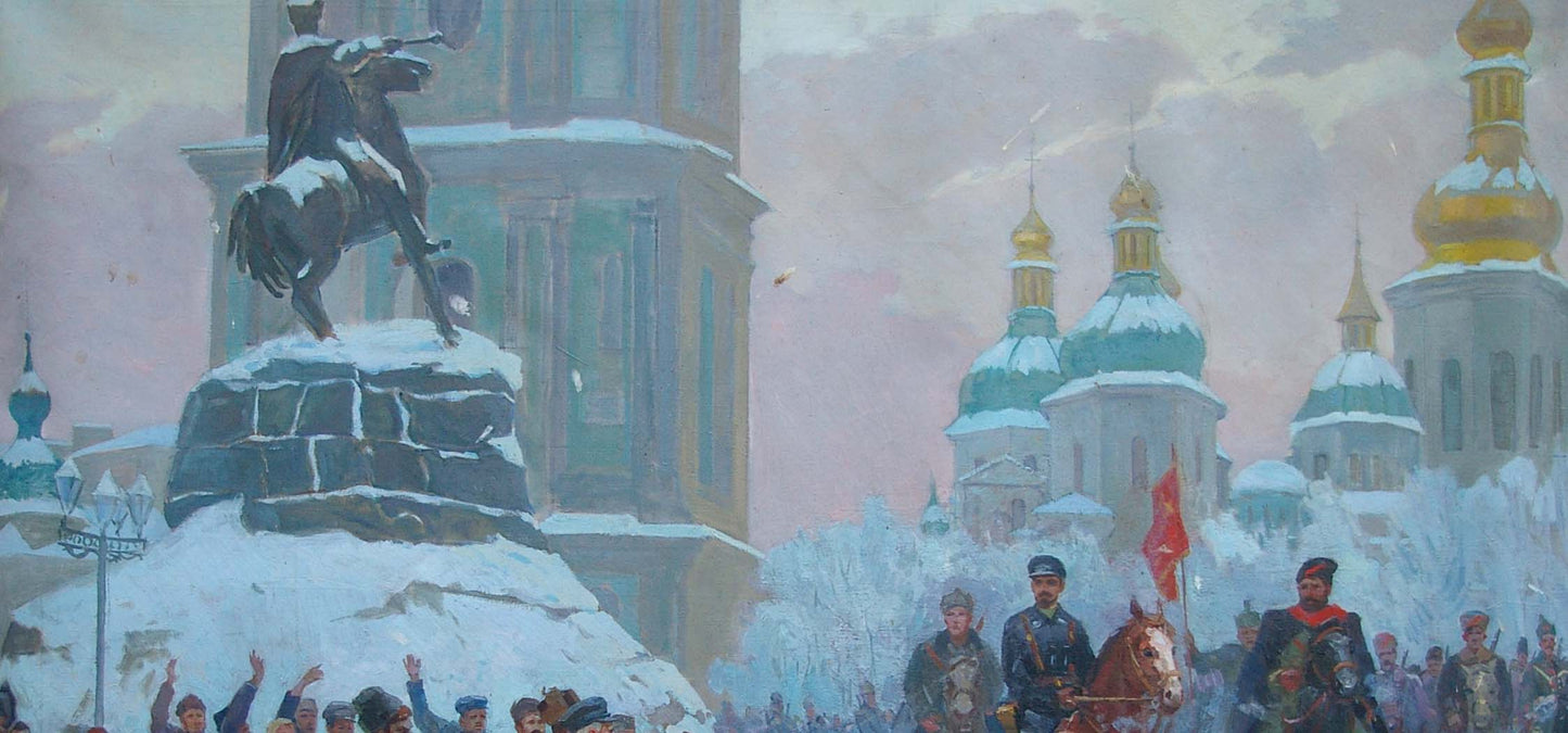 Oil painting by Yablonovskiy Petr Antonovich: equestrian statue on snow-covered Red Square pedestal