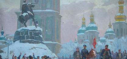Oil painting by Yablonovskiy Petr Antonovich: equestrian statue on snow-covered Red Square pedestal
