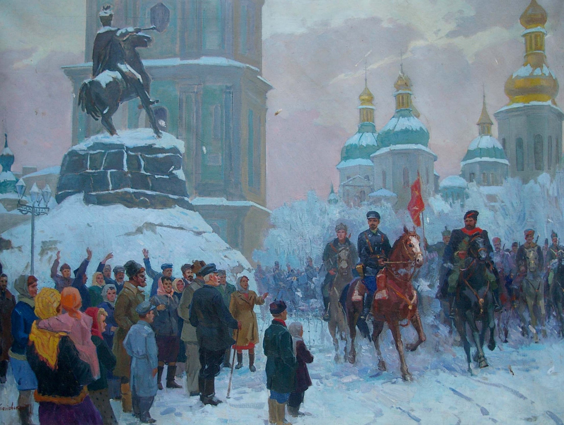 Bronze equestrian statue on snowy Red Square pedestal, Yablonovskiy oil painting