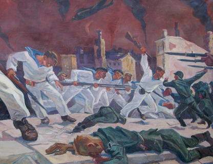 Oil painting of sailors in battle, soldiers fighting in smoky burning city
