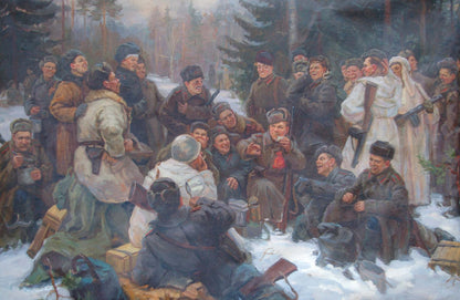 Oil painting of soldiers in winter uniforms around central figure with AK-47