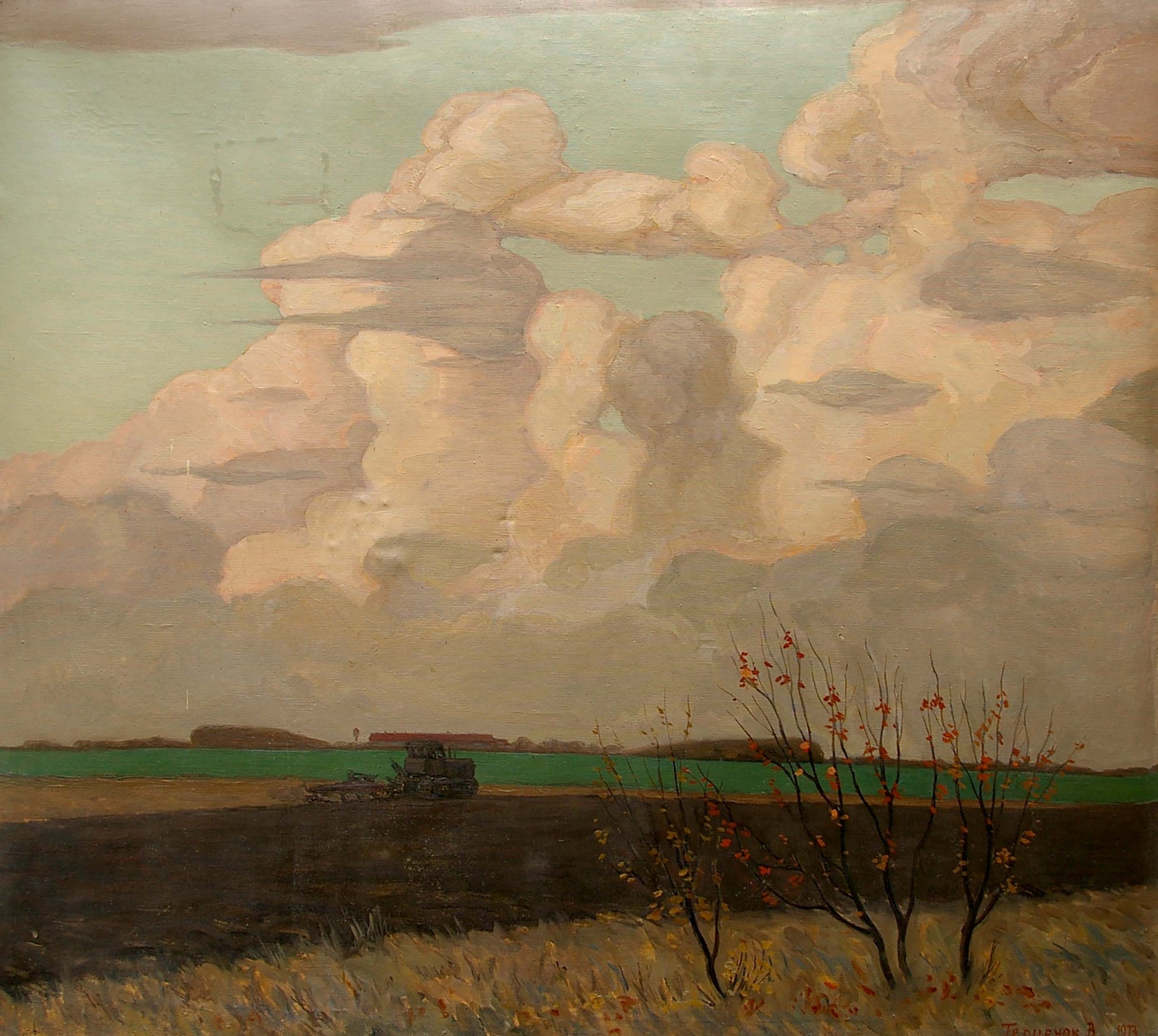 Vintage oil painting by Gertsenok Viktor Andreevich: tractor plowing dark field under cloudy sky