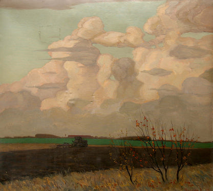 Vintage oil painting by Gertsenok Viktor Andreevich: tractor plowing dark field under cloudy sky