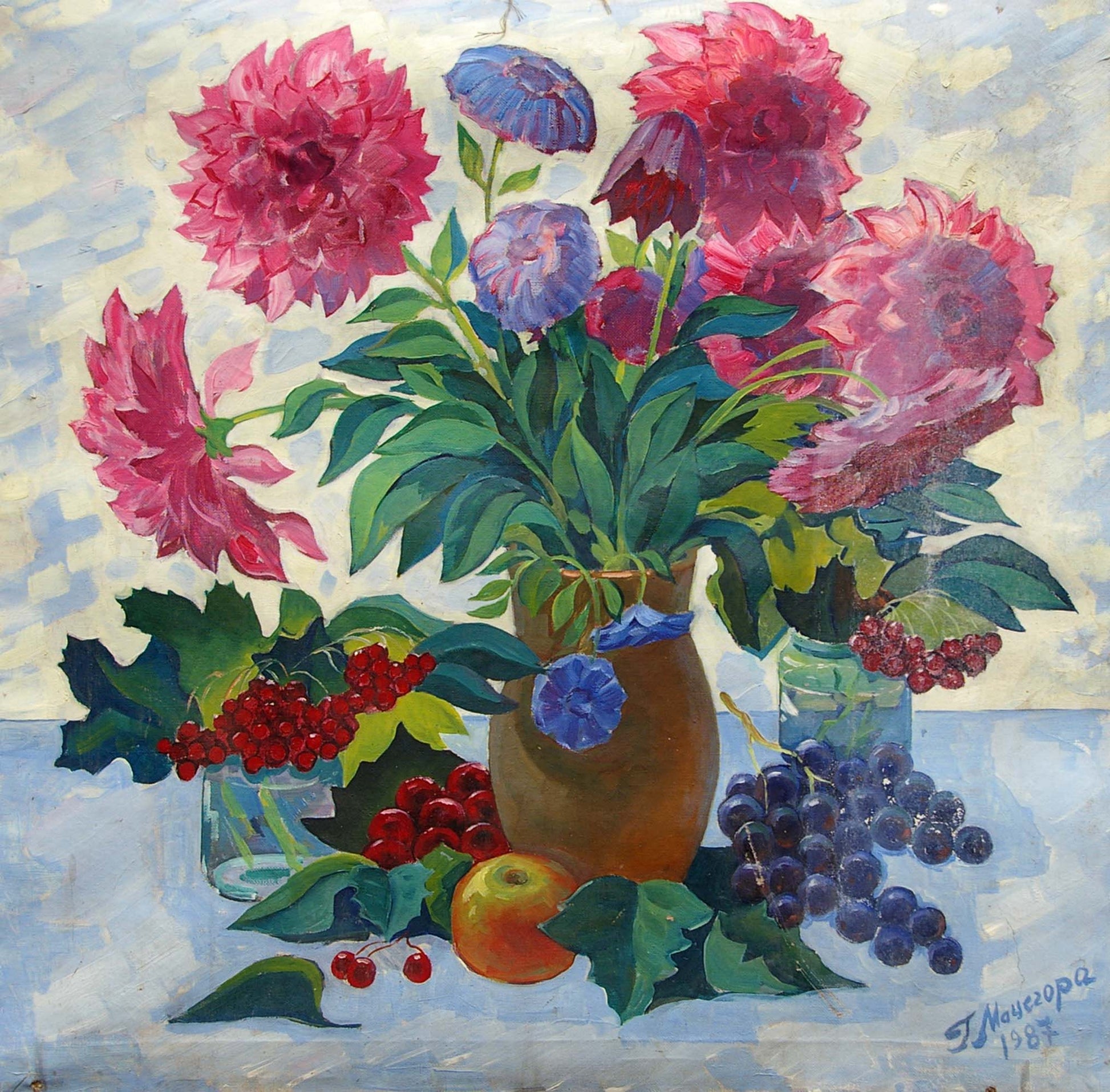Oil painting of Dahlias by Matsegora Grigory Prokopovich in rustic vase