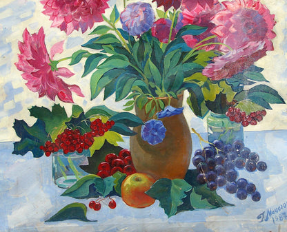 Oil painting of pink purple peonies in rustic vase by Matsegora Grigory Prokopovich