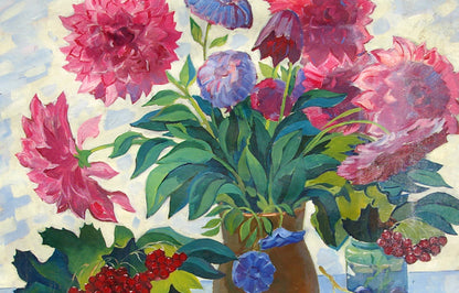 Oil painting of vibrant pink purple blue dahlias by Matsegora Grigory Prokopovich in brown ceramic vase
