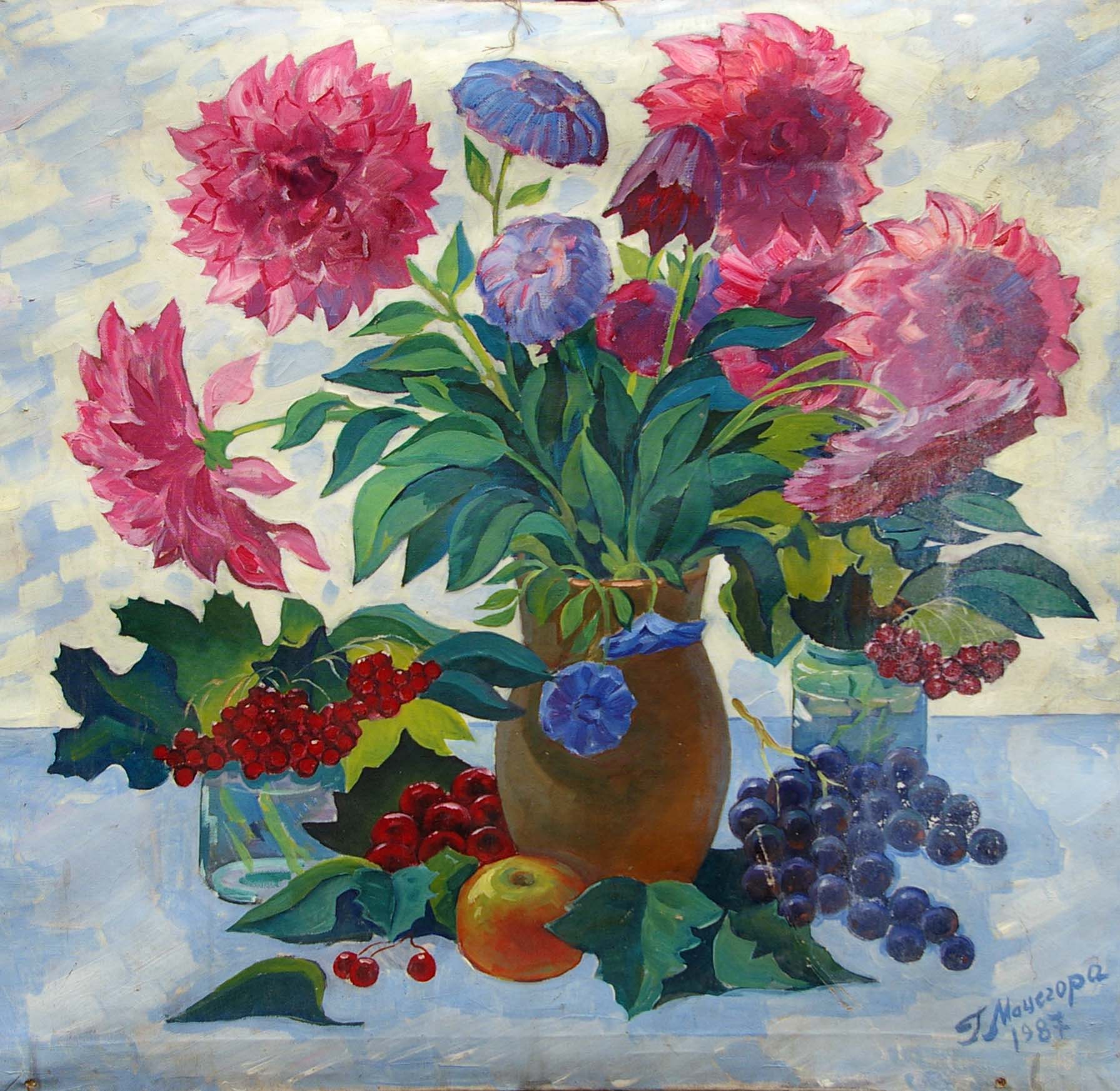 Oil painting of vibrant pink purple dahlias with green leaves red berries by Matsegora Grigory Prokopovich