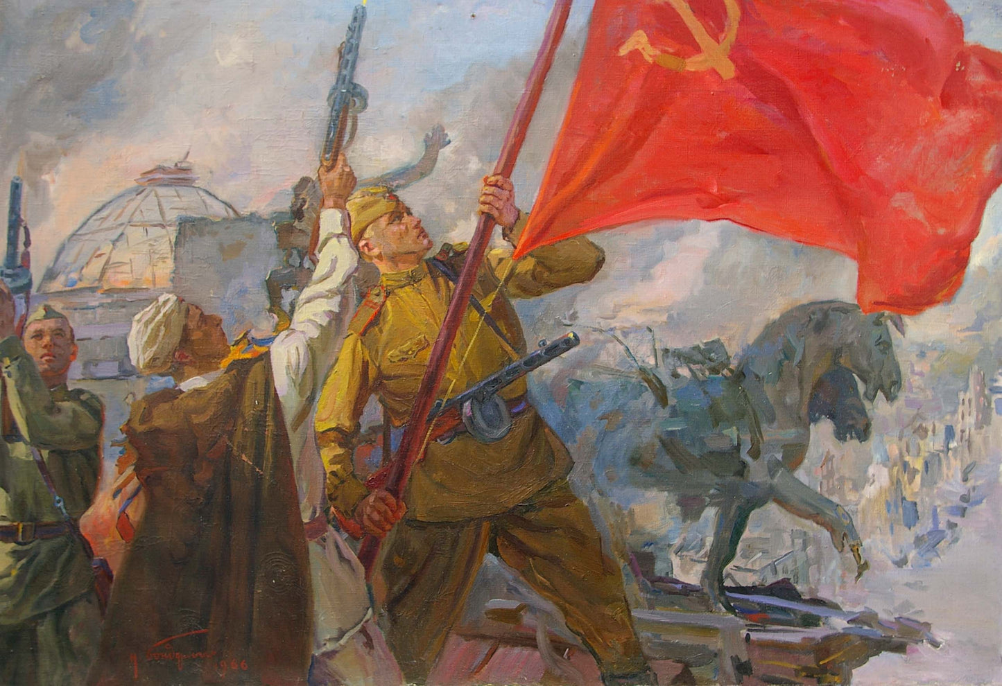 Oil painting Hoisting the banner over the Reichstag by Bondarenko Nikolay Ignatievich: vibrant red flag with golden hammer and sickle waved by soldiers