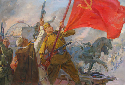 Oil painting Hoisting the banner over the Reichstag by Bondarenko Nikolay Ignatievich: vibrant red flag with golden hammer and sickle waved by soldiers