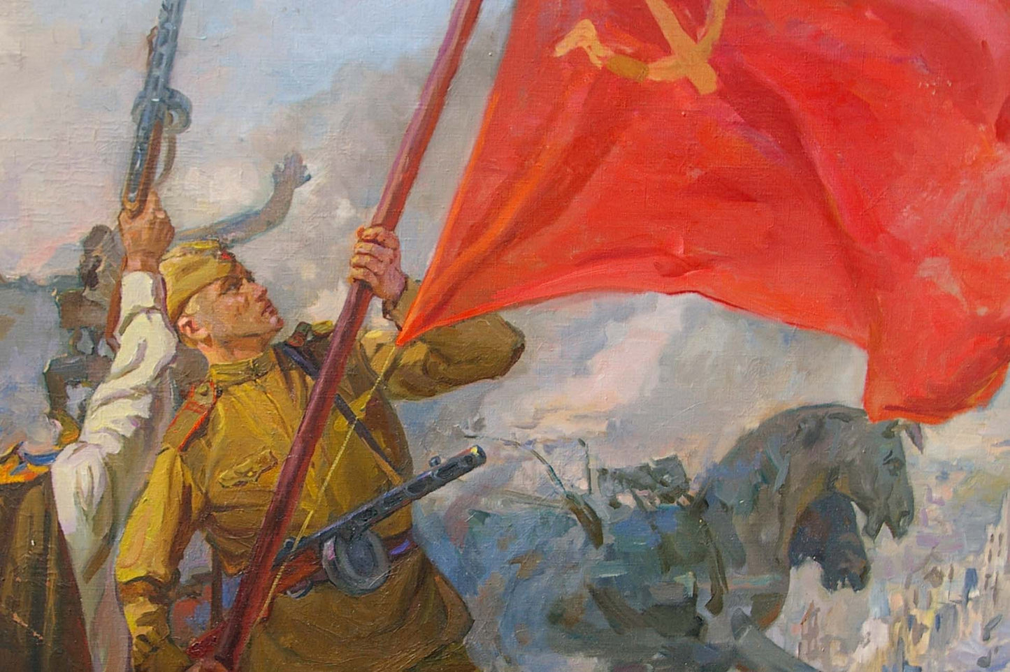 Oil painting of vibrant red flag with golden hammer and sickle over Reichstag by Bondarenko