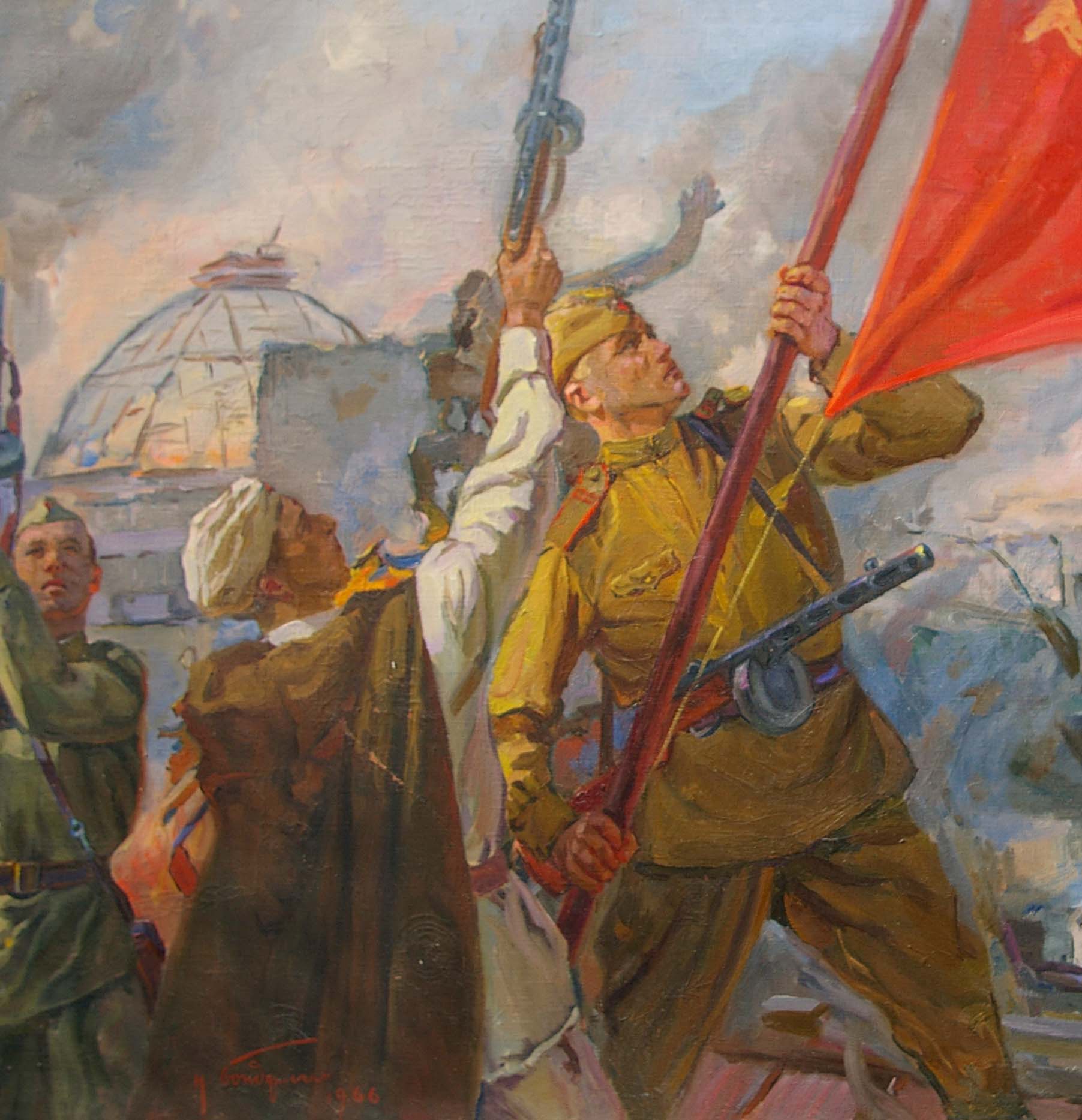Oil painting of soldier hoisting red flag over Reichstag by Bondarenko Nikolay Ignatievich
