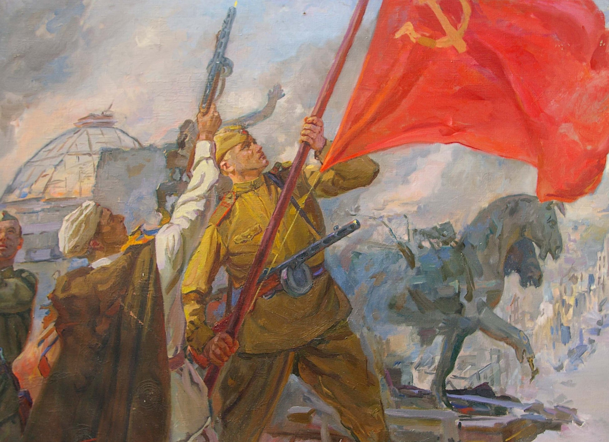 Vibrant red flag with golden hammer and sickle in Bondarenko oil painting