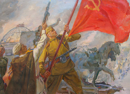 Vibrant red flag with golden hammer and sickle in Bondarenko oil painting