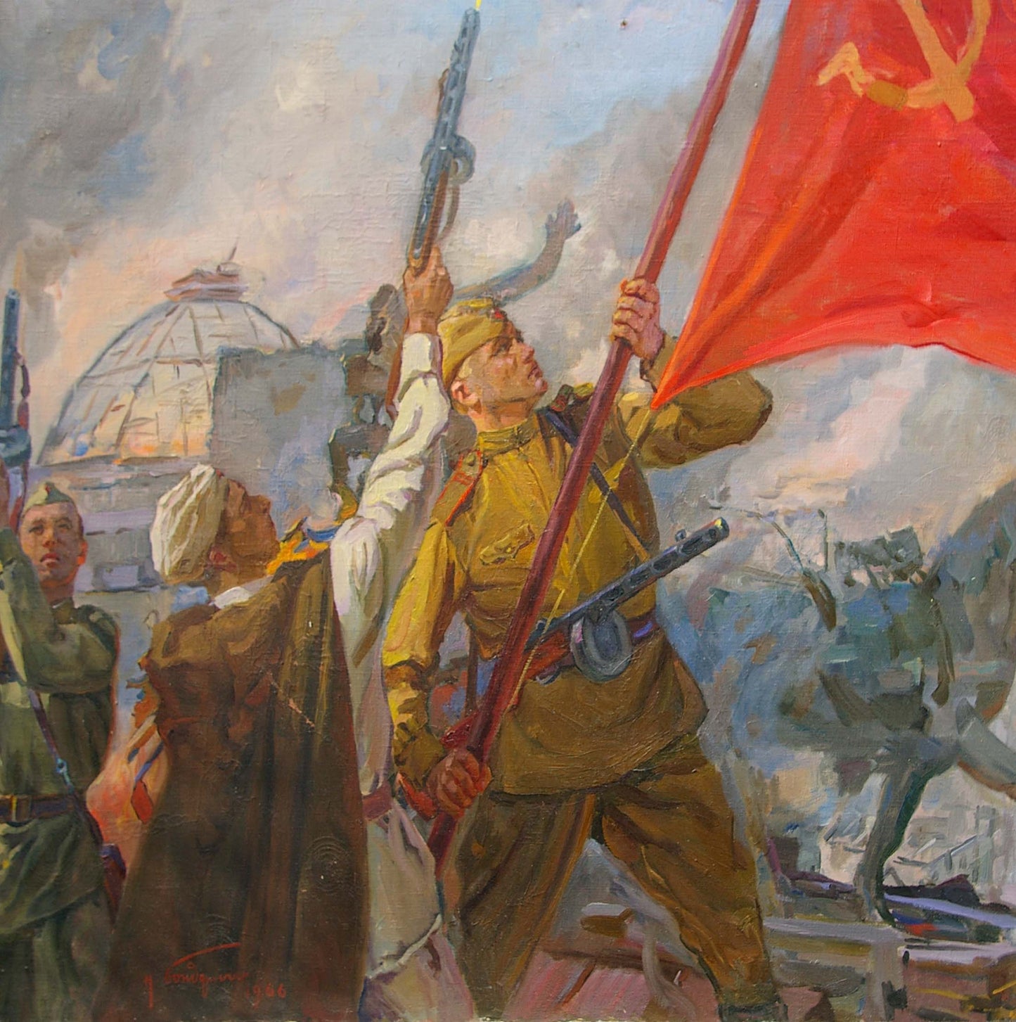 Oil painting of soldier hoisting red hammer and sickle flag over Reichstag by Bondarenko Nikolay Ignatievich