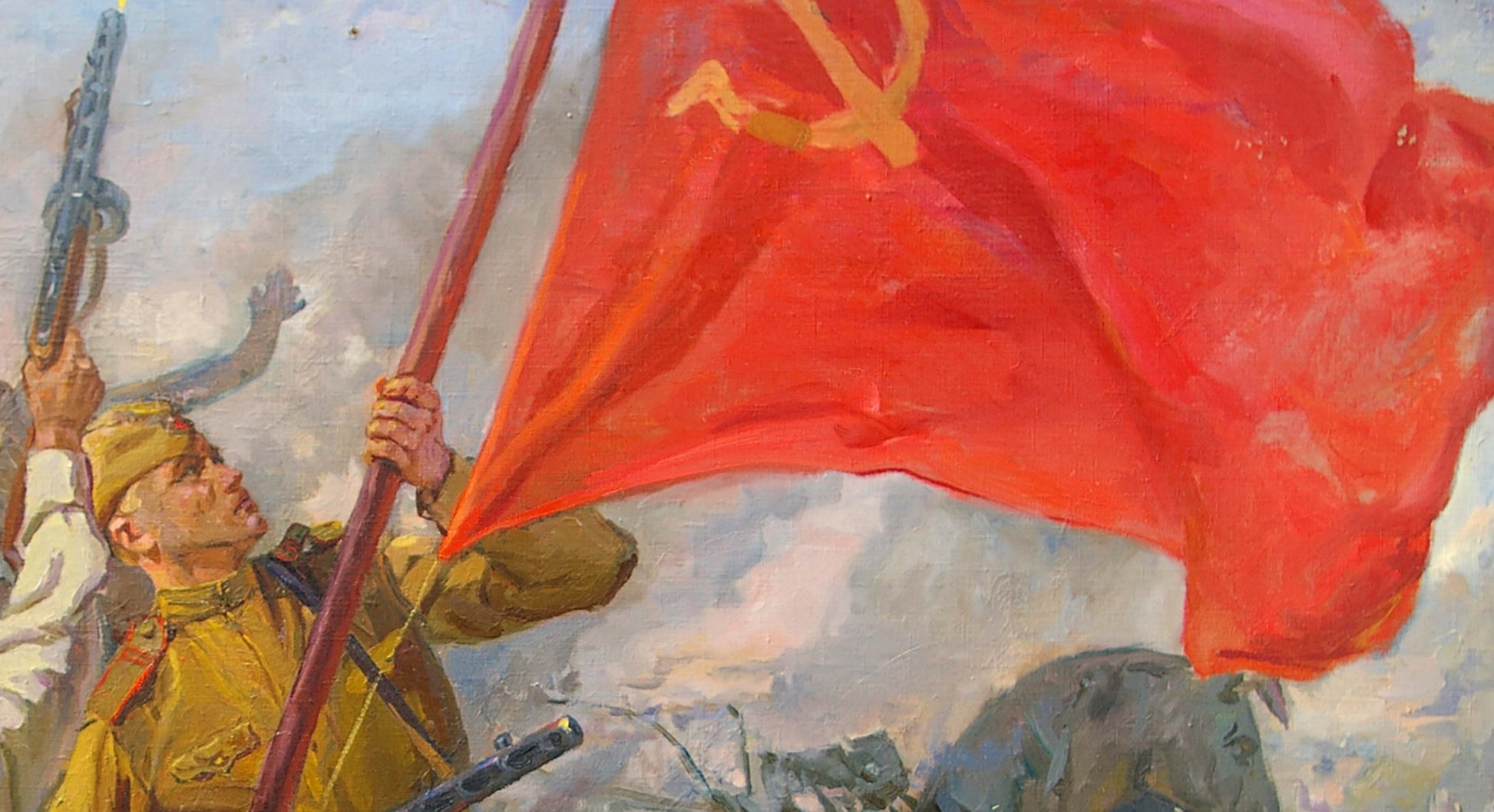 Oil painting of vibrant red flag with golden hammer and sickle by Bondarenko Nikolay Ignatievich