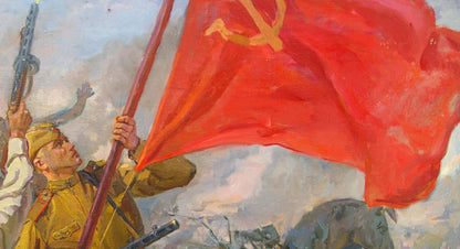 Oil painting of vibrant red flag with golden hammer and sickle by Bondarenko Nikolay Ignatievich
