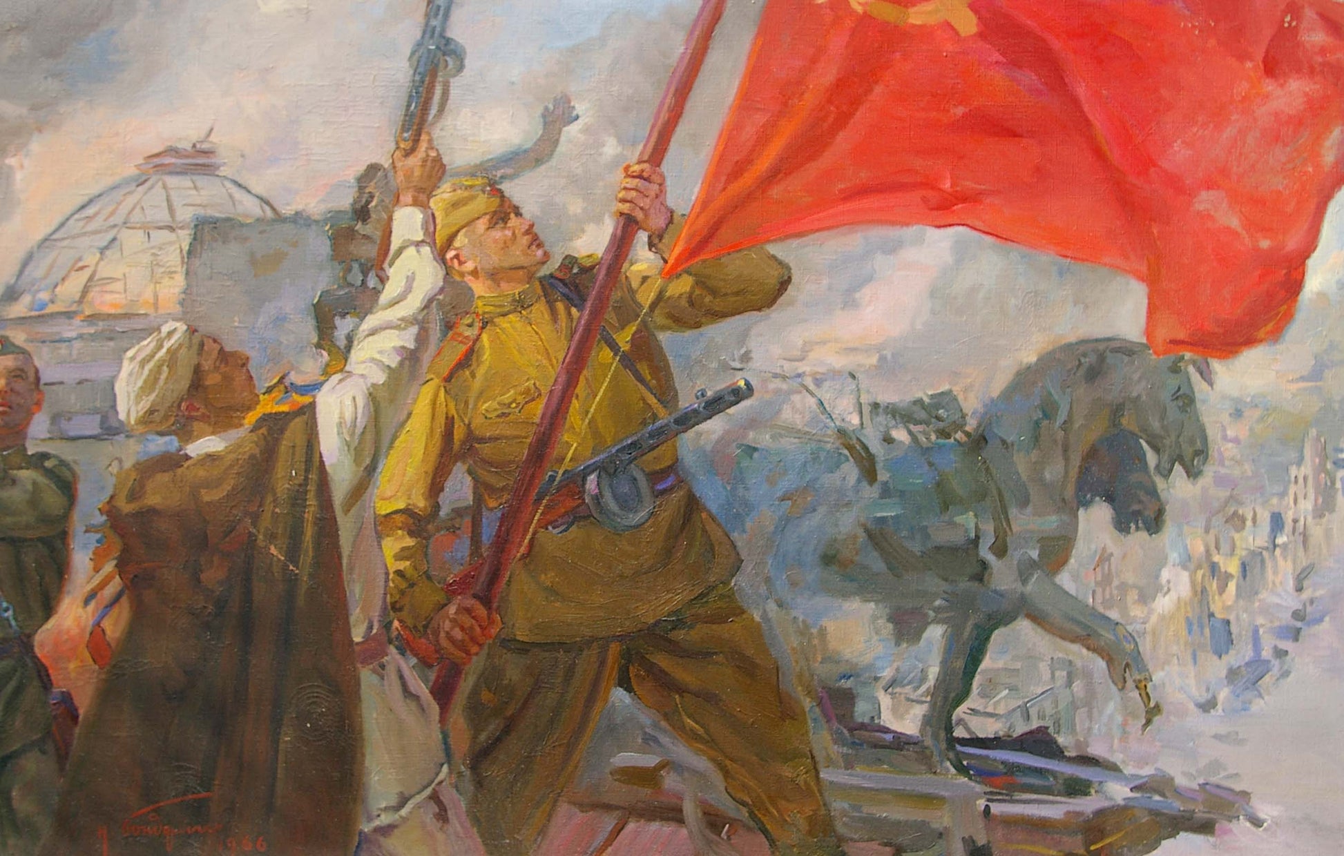 Oil painting by Bondarenko Nikolay Ignatievich: soldier hoists red flag over Reichstag