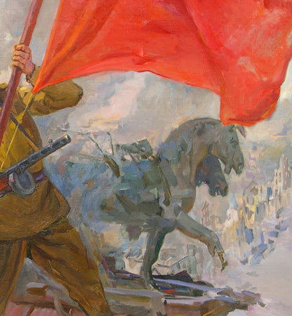 Oil painting of soldier hoisting vibrant red Reichstag flag by Bondarenko Nikolay Ignatievich