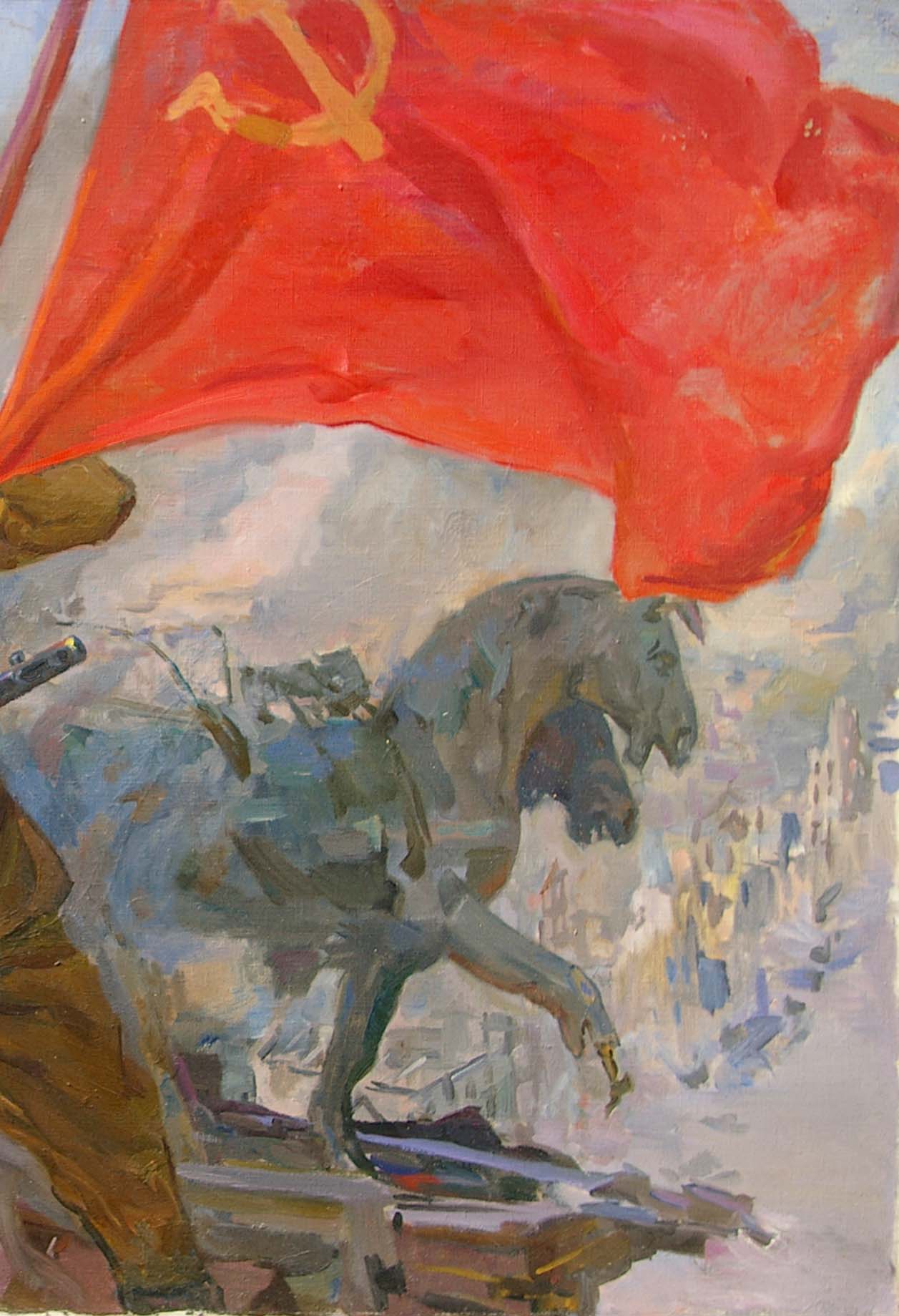 Oil painting of vibrant red Soviet flag over Reichstag by Bondarenko Nikolay Ignatievich