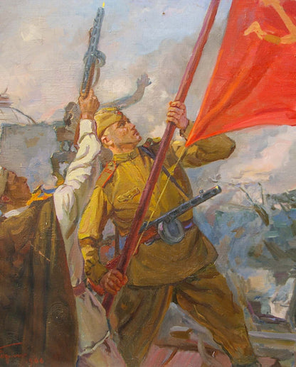 Oil painting by Bondarenko Nikolay Ignatievich: Soldier hoisting red flag over Reichstag