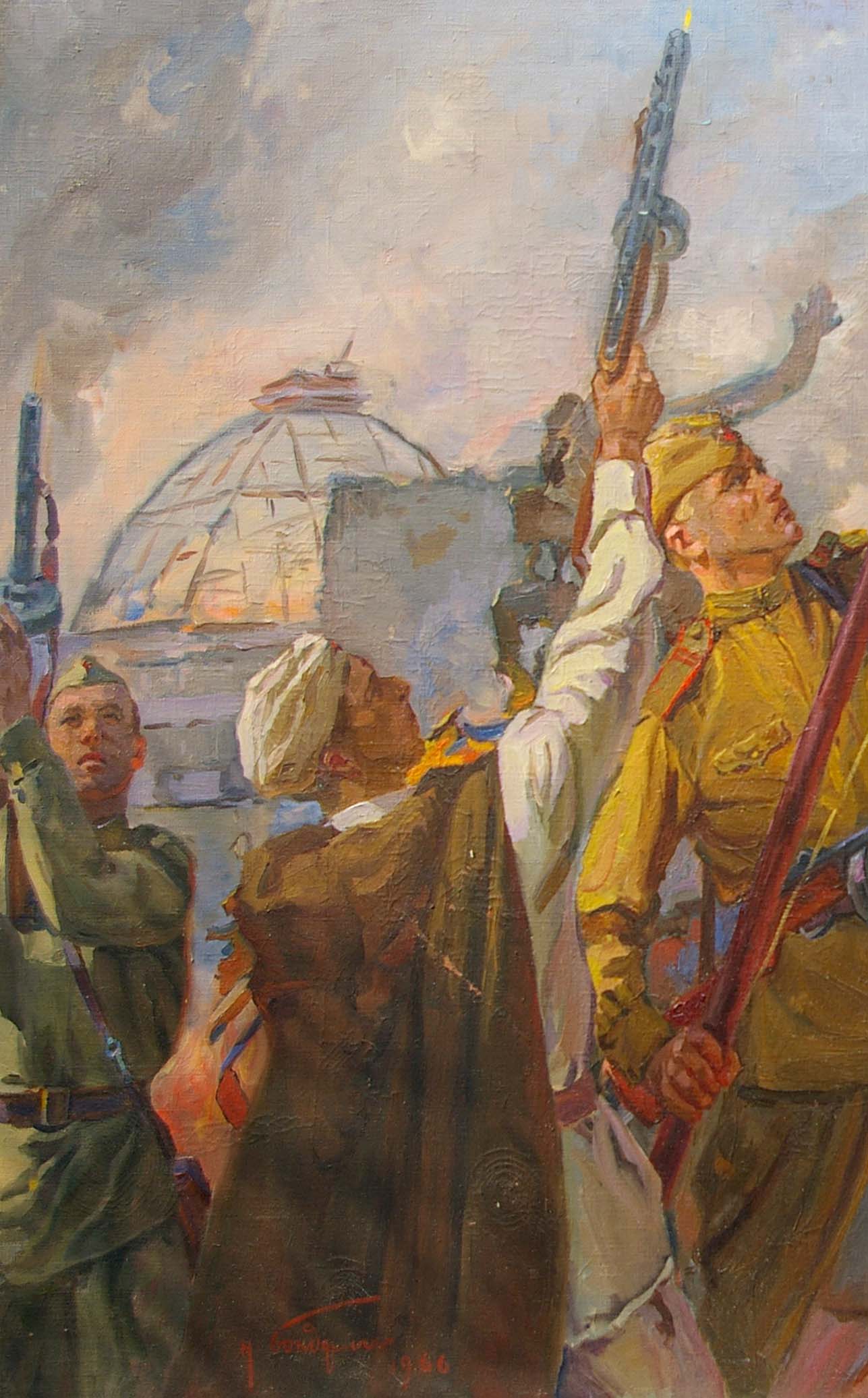 Oil painting of soldiers hoisting banner over Reichstag by Bondarenko Nikolay Ignatievich
