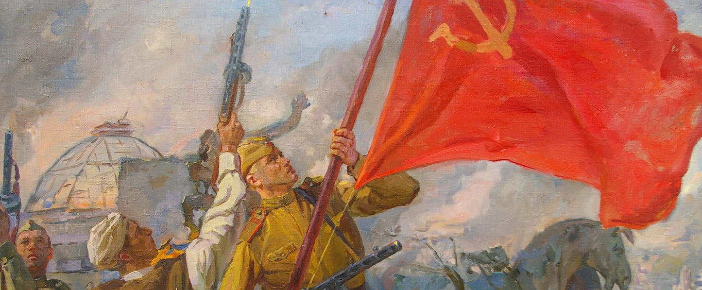 Vibrant red flag with golden hammer and sickle in Bondarenko oil painting
