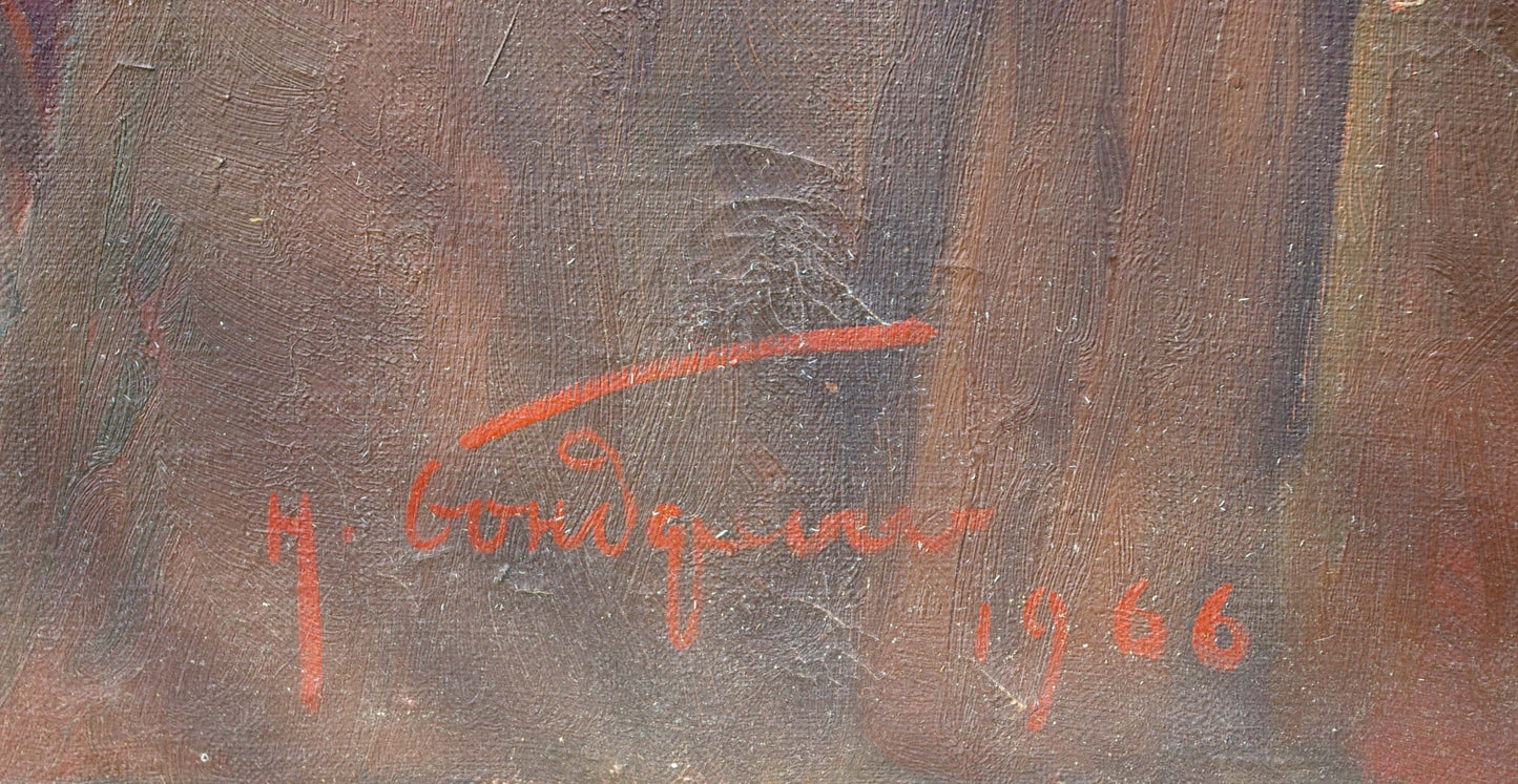 Back of Oil painting Hoisting the banner over the Reichstag by Bondarenko Nikolay Ignatievich with red cursive signature and date h