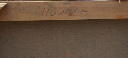 Back of Oil painting Hoisting the banner over the Reichstag frame with handwritten 110x460 dimensions on light brown wood