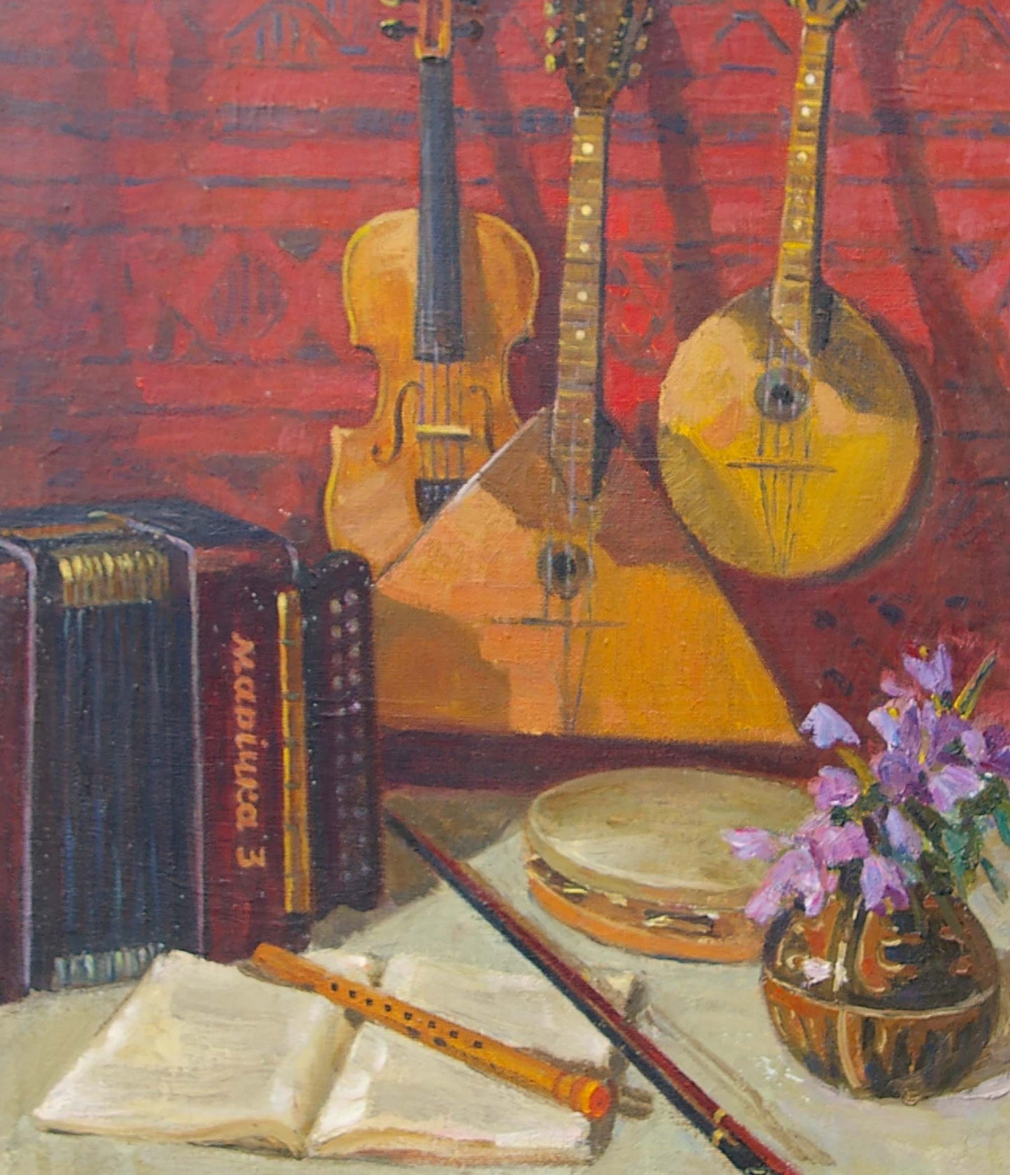Oil painting Still life Skripin: vintage blue accordion with red lettering