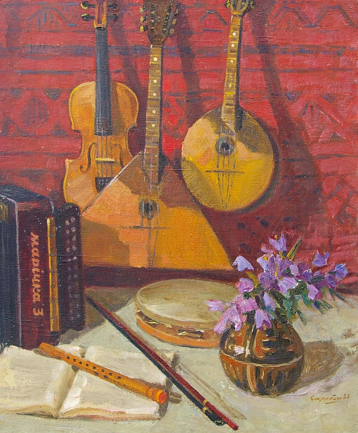 Oil painting Still life Skripin: small ceramic vase with purple flowers