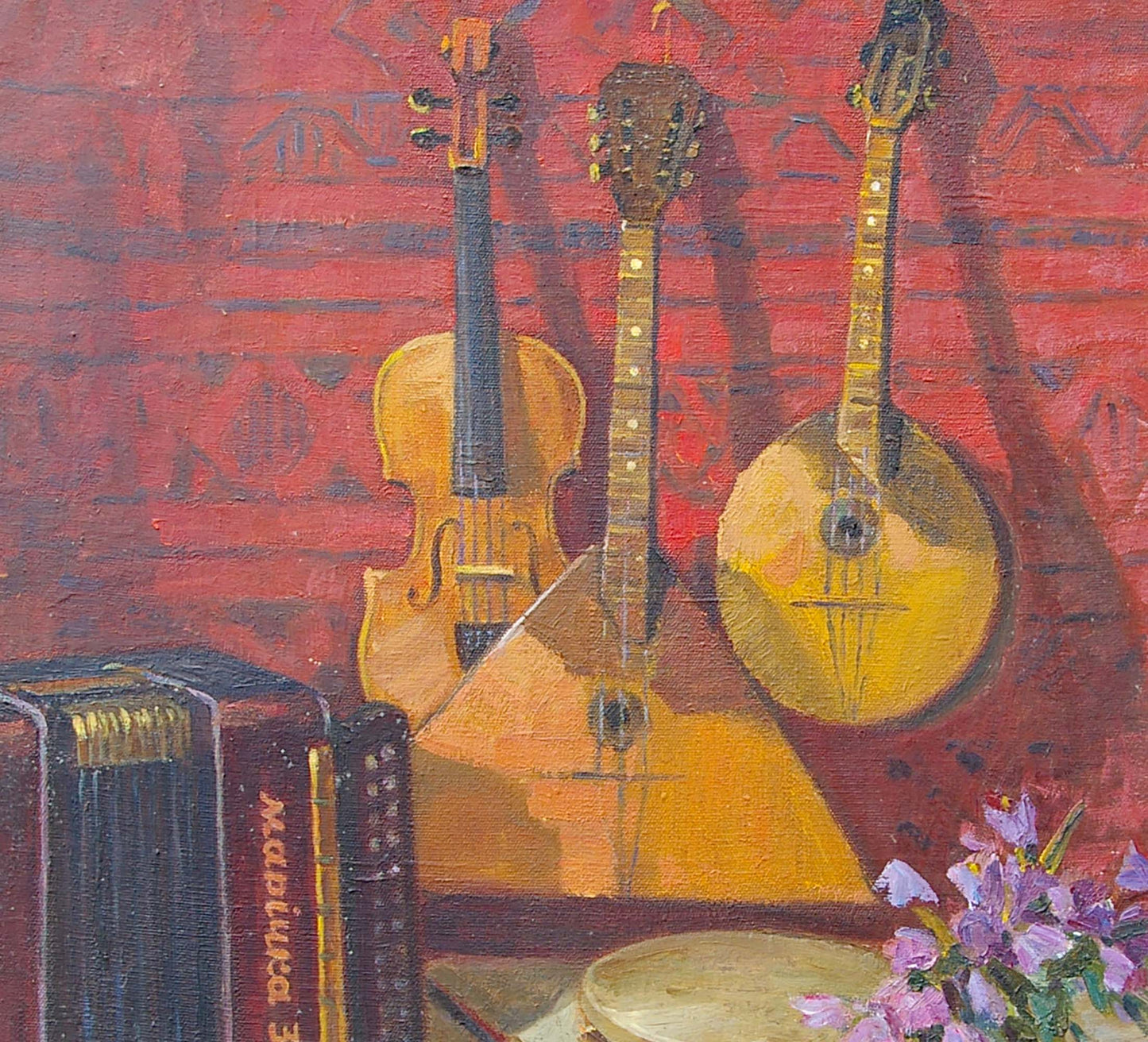 Oil painting Still life Skripin: violin, mandolin, balalaika on red backdrop