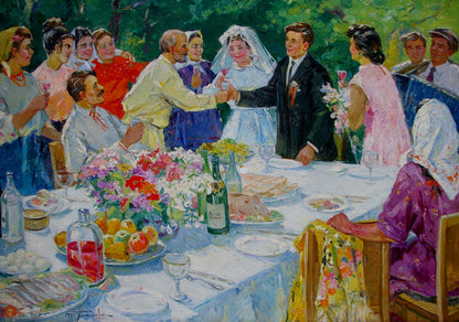 Oil painting of joyful wedding reception by Khitrova Tamara Alexandrovna