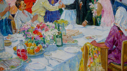 Vibrant impressionistic oil painting of wedding banquet by Khitrova Tamara Alexandrovna