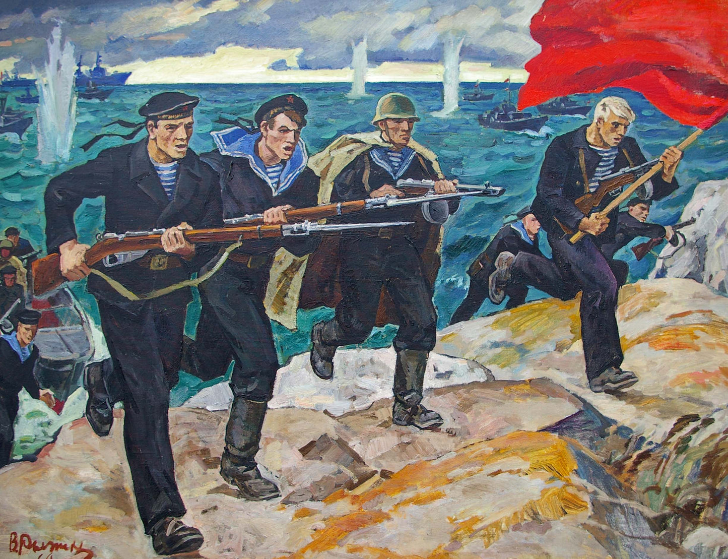 Vibrant red flag carried by soldier in Ryzhikh Viktor Ivanovich wartime oil painting