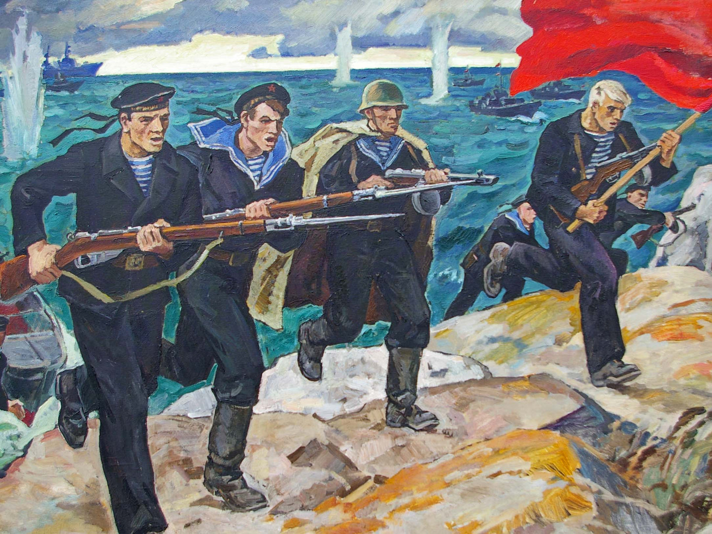 Vibrant red flag fluttering in wind by Sailors Ryzhikh Viktor Ivanovich oil painting