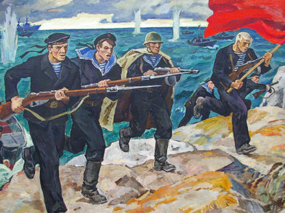 Vibrant red flag fluttering in wind by Sailors Ryzhikh Viktor Ivanovich oil painting