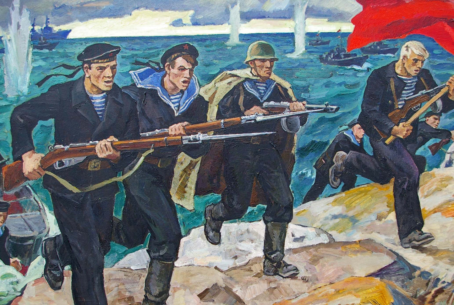 Oil painting by Ryzhikh Viktor Ivanovich: sailors advancing with rifles