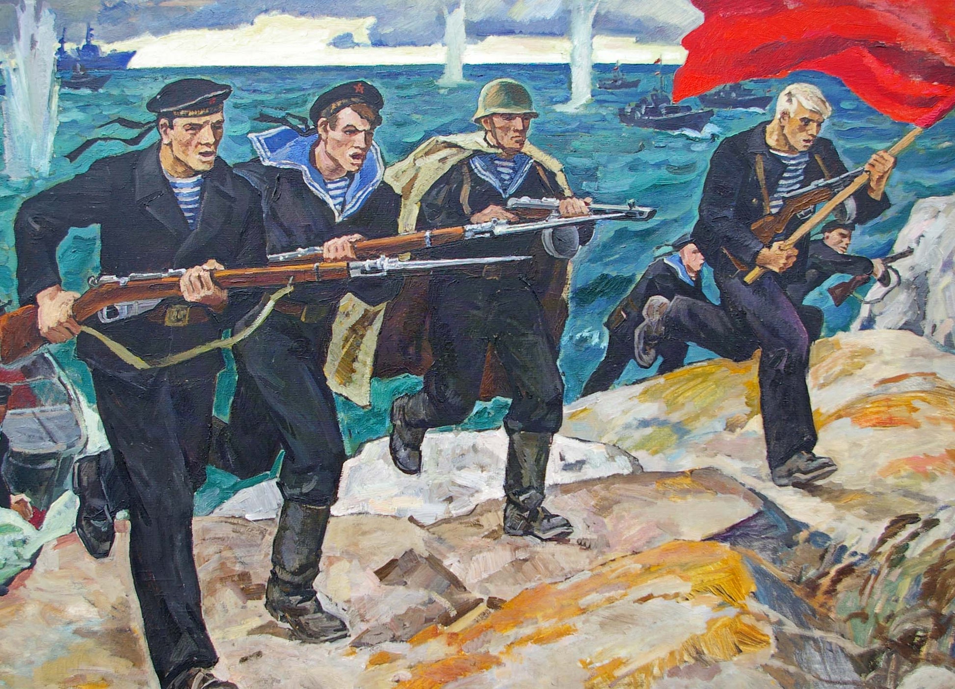 Oil painting by Ryzhikh Viktor Ivanovich: red flag over advancing soldiers