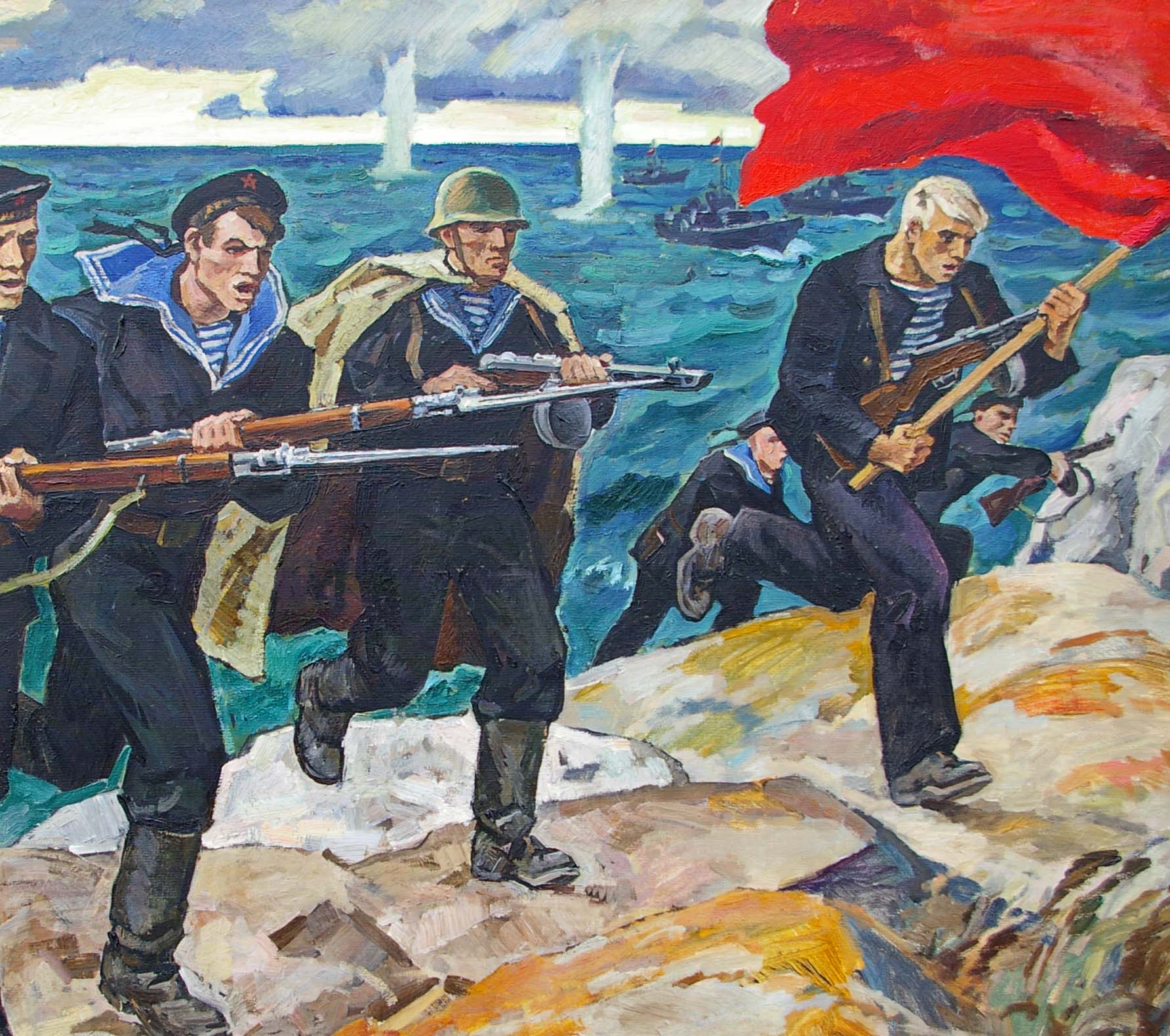 Oil painting Sailors by Ryzhikh Viktor Ivanovich: soldier with vibrant red flag in naval combat