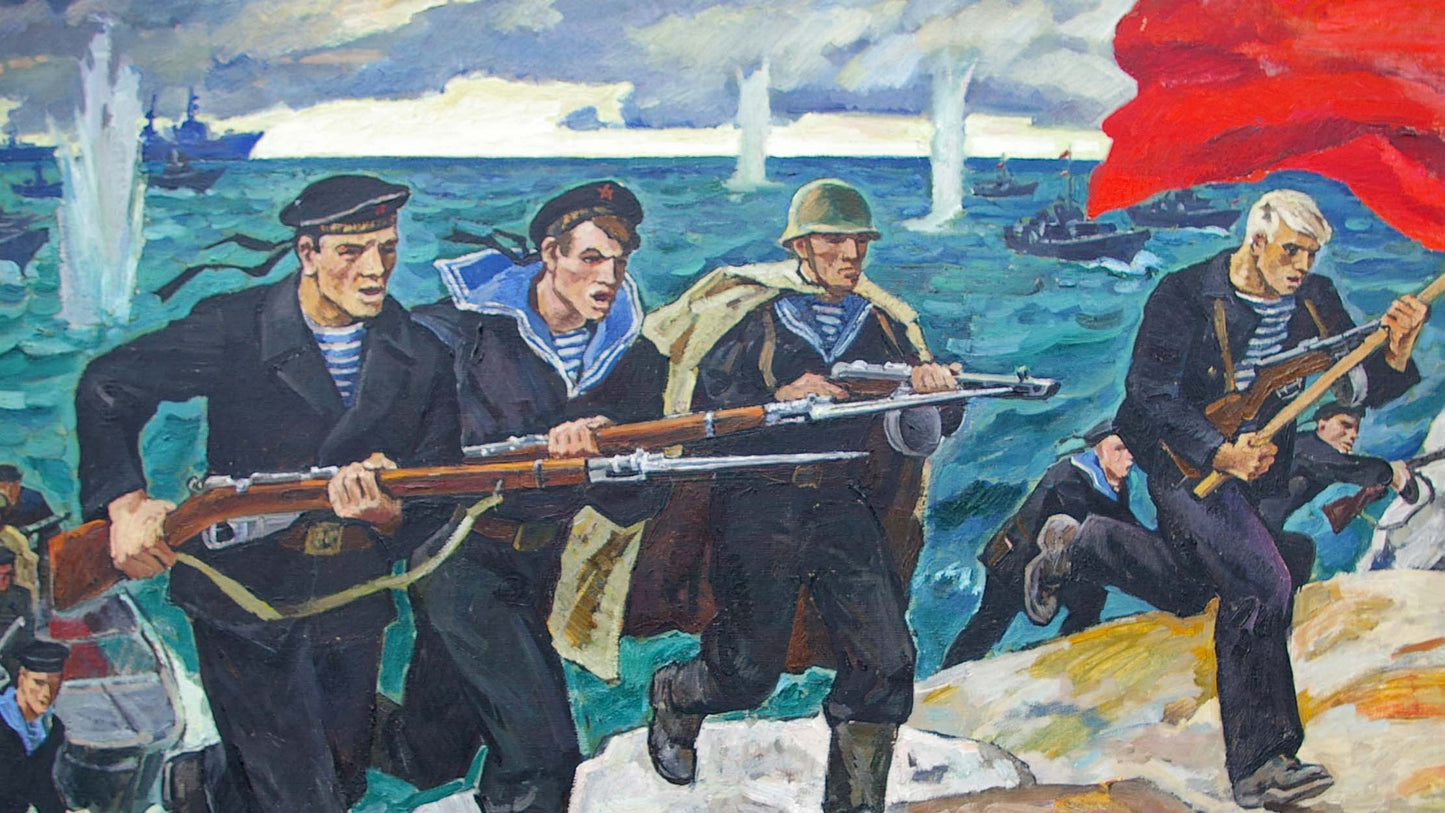 Oil painting of red flag billowing in wind over turbulent sea by Ryzhikh Viktor Ivanovich
