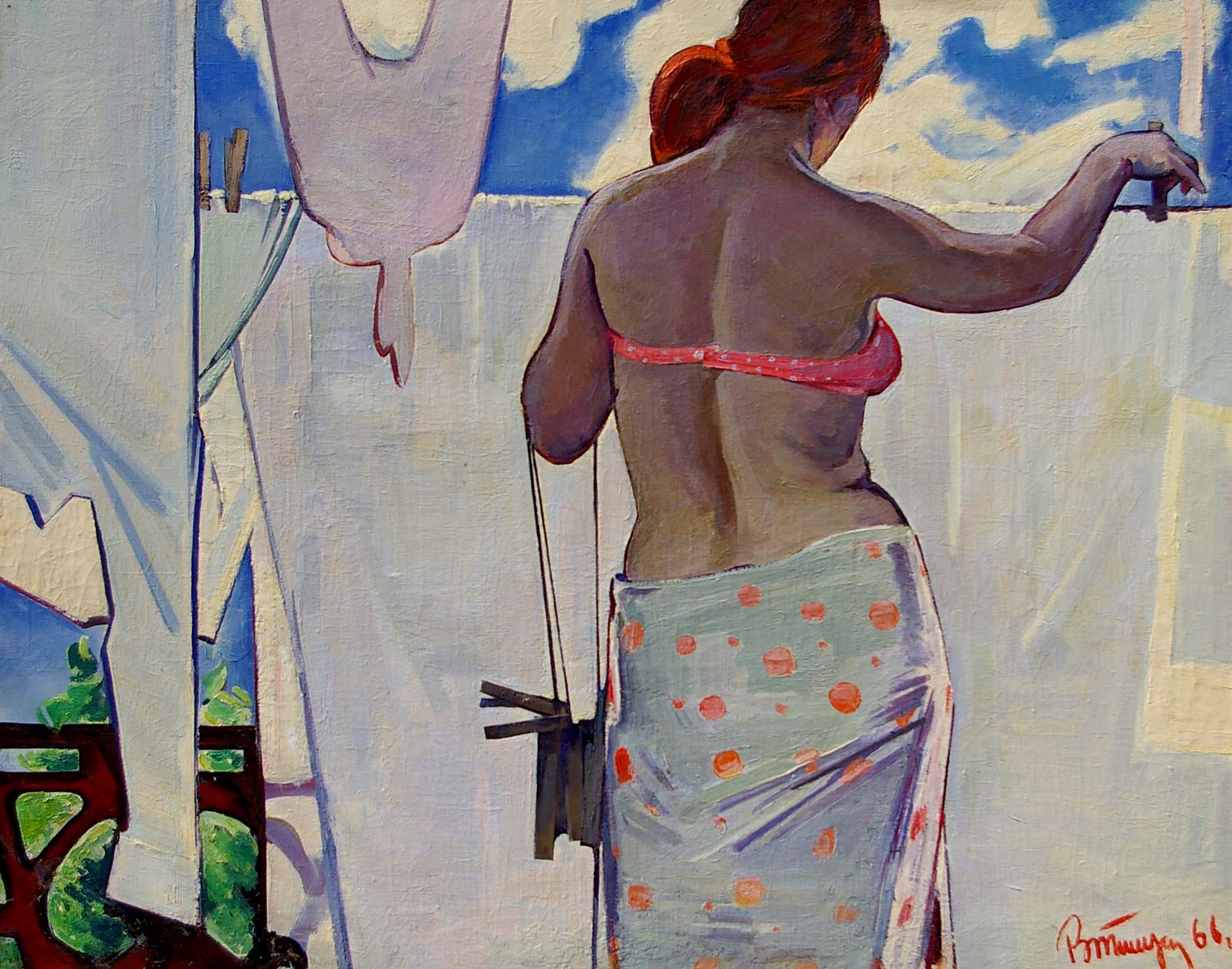 Oil painting portrait by Tishunin Vasily Ivanovich: red-haired girl back view in pink polka-dot bikini top and light blue skirt with orange dots