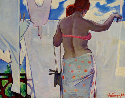 Oil painting portrait by Tishunin Vasily Ivanovich: red-haired girl back view in pink polka-dot bikini top and light blue skirt with orange dots