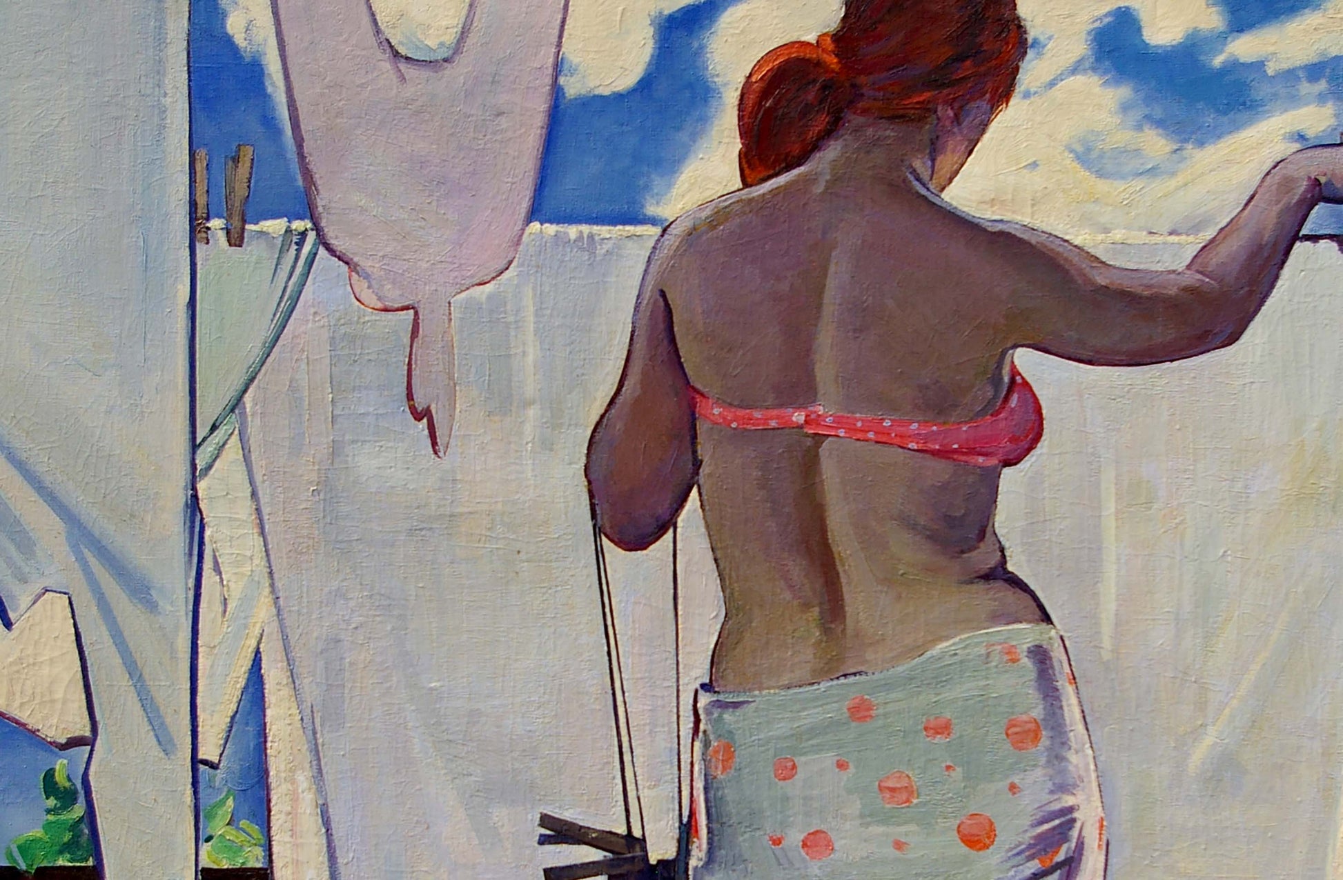 Oil painting portrait of red-haired girl in pink polka-dot bikini by Tishunin Vasily Ivanovich