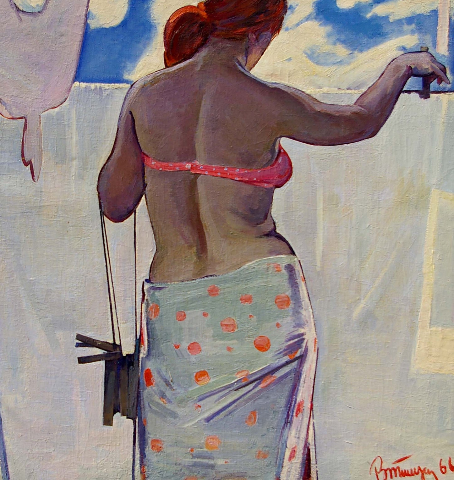 Oil painting portrait by Tishunin Vasily Ivanovich of woman in red polka-dot bikini top, light blue skirt with orange dots, black handbag
