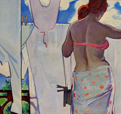 Oil painting portrait by Tishunin Vasily Ivanovich of red-haired woman in pink polka-dot bikini top and blue skirt