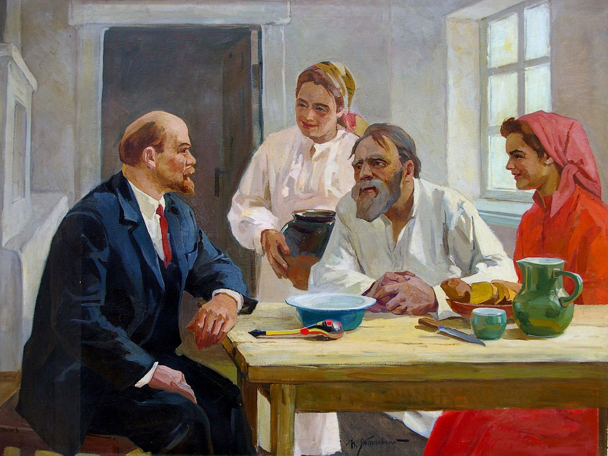 Dark green ceramic pitcher on wooden table in Yablonsky Lenin oil painting