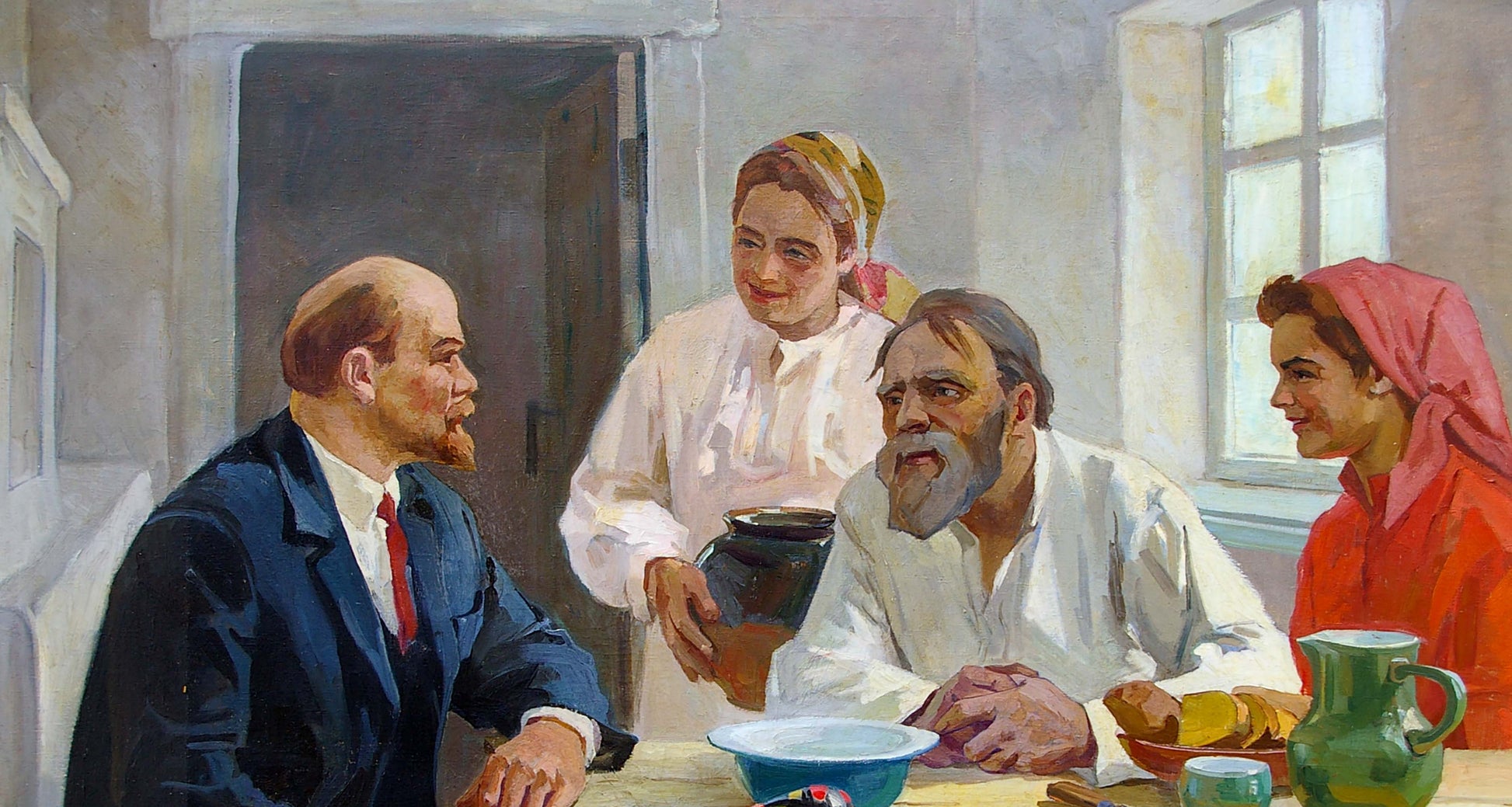 Dark brown ceramic jug with handle on table in Yablonsky Lenin oil painting