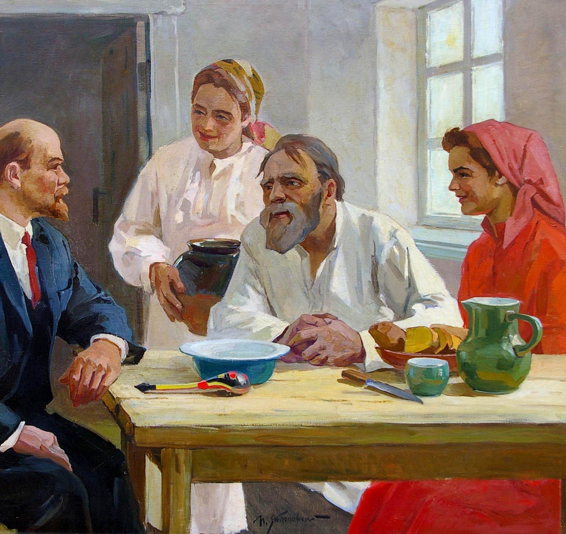 Green ceramic pitcher on wooden table in Yablonsky Lenin oil painting